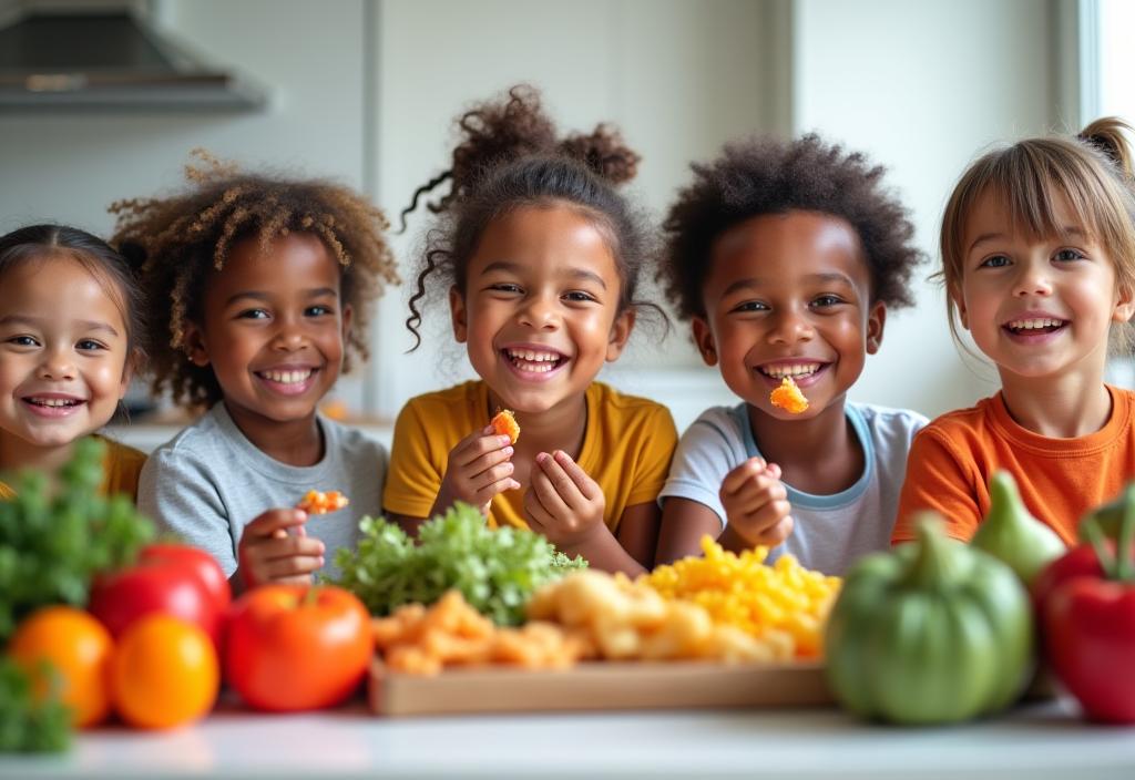 Niños felices comiendo alimentos nutritivos